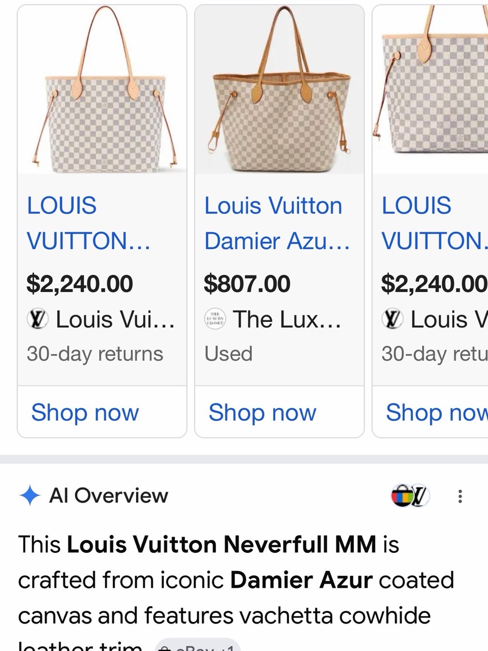 Louis Vuitton Damier Azur Tote - White & Beige with Natural Vachetta Trim